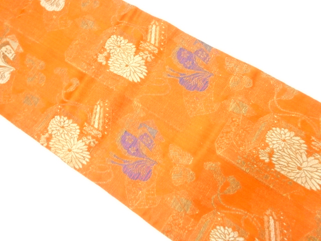 JAPANESE KIMONO / ANTIQUE FUKURO OBI / SILK / WOVEN BUTTERFLY & FLOWER